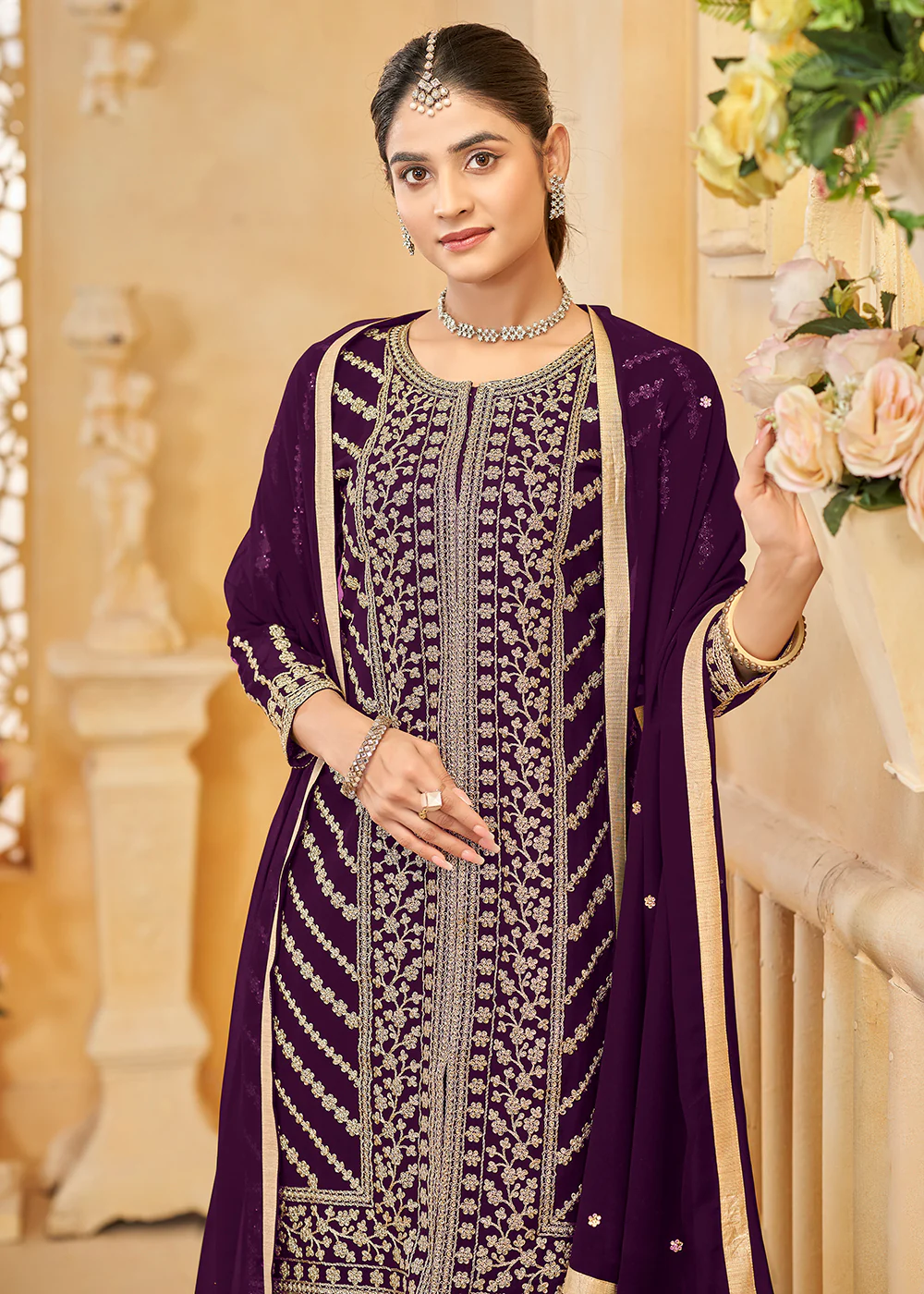 Faux Georgette Purple Embroidered Festive Sharara Suit - Image 2