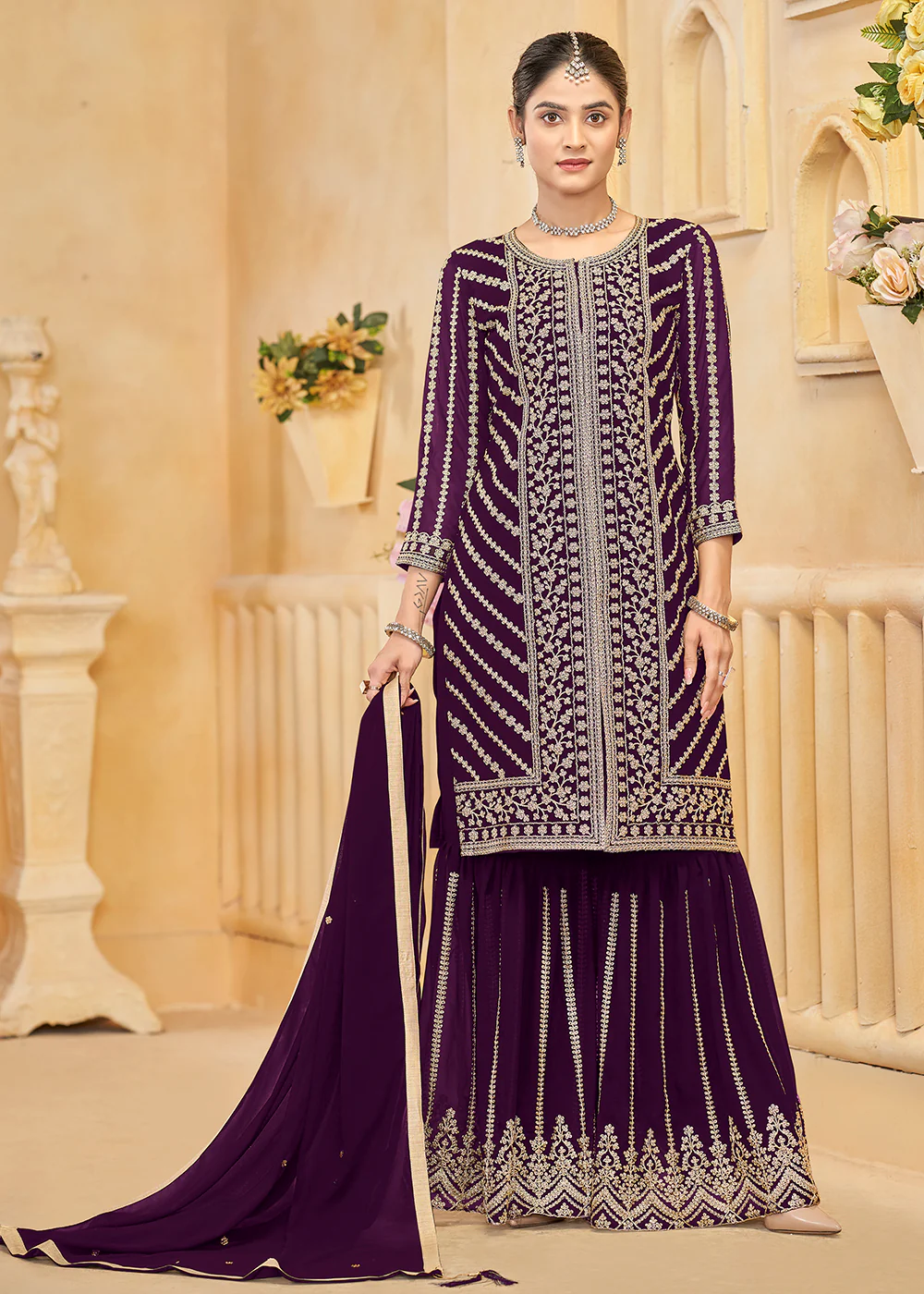 Faux Georgette Purple Embroidered Festive Sharara Suit - Image 3