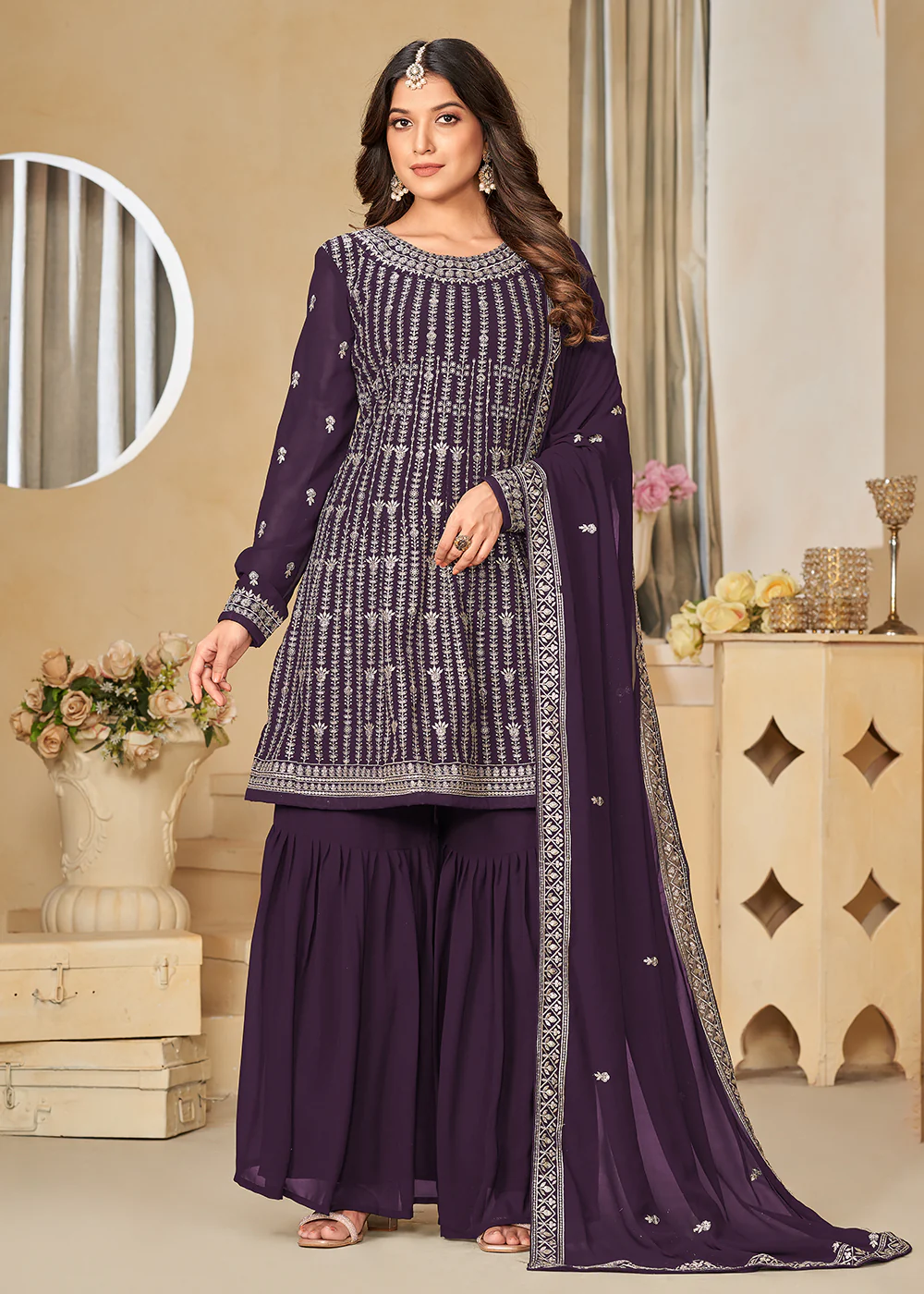 Faux Georgette Purple Embroidered Gharara Style Suit - Image 4