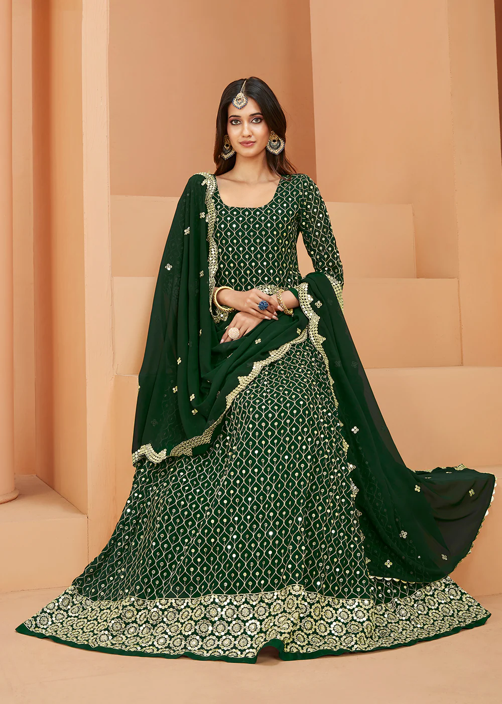 Faux Georgette Radiant Dark Green Sequins Anarkali Suit - Image 3