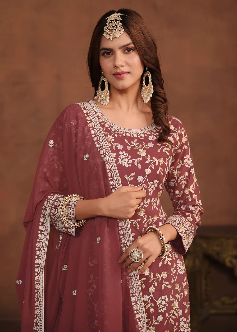 Faux Georgette Taupe Mauve Embroidered Festive Salwar Suit - Image 2
