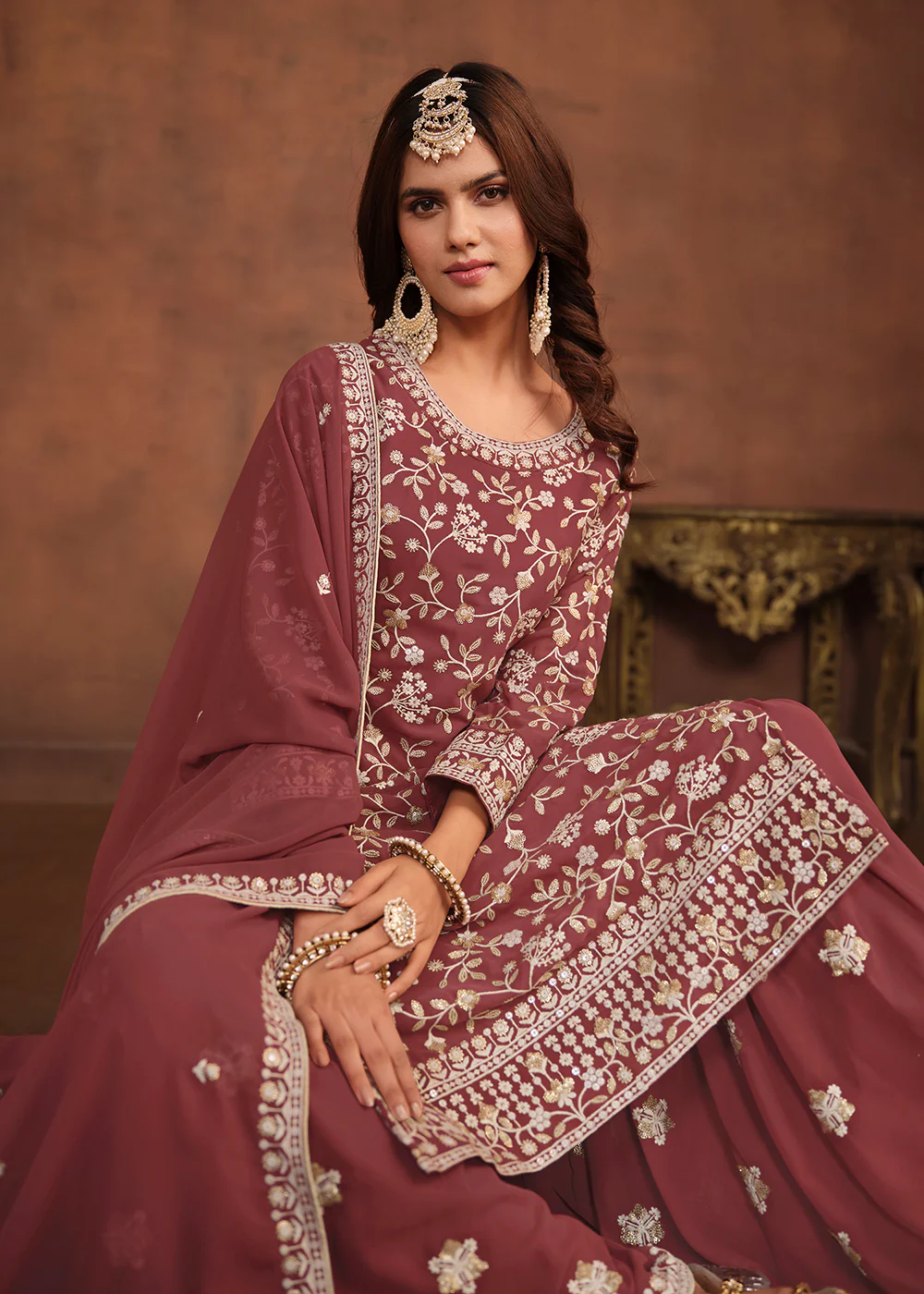Faux Georgette Taupe Mauve Embroidered Festive Salwar Suit - Image 3