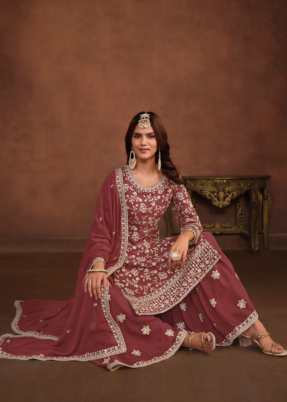 Faux Georgette Taupe Mauve Embroidered Festive Salwar Suit - Image 4