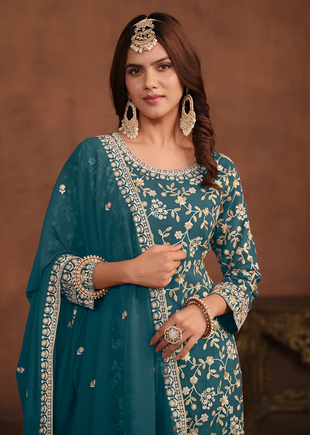 Faux Georgette Teal Blue Embroidered Festive Salwar Suit - Image 2