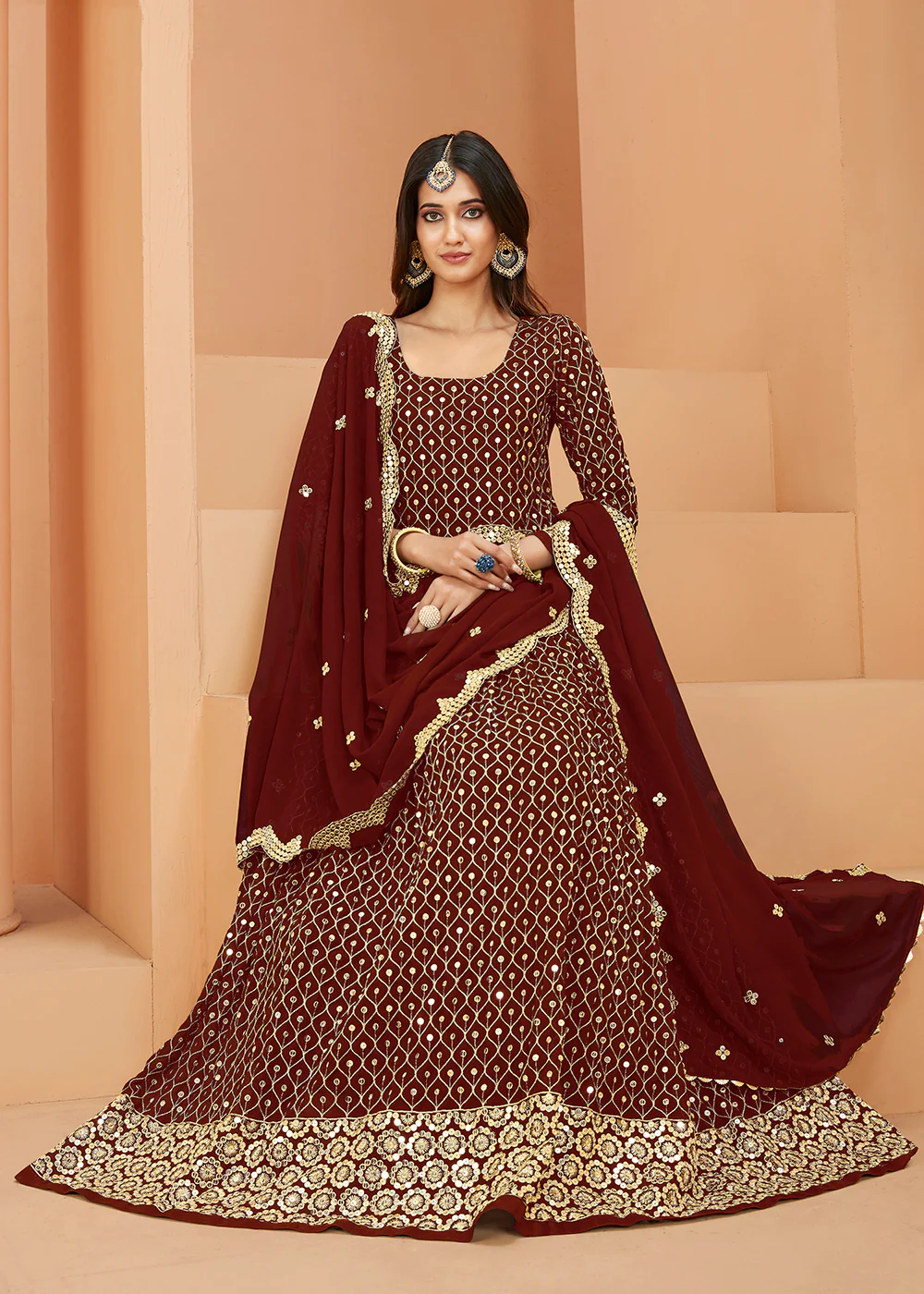Faux Georgette Winsome Maroon Sequins Anarkali Suit - Image 3