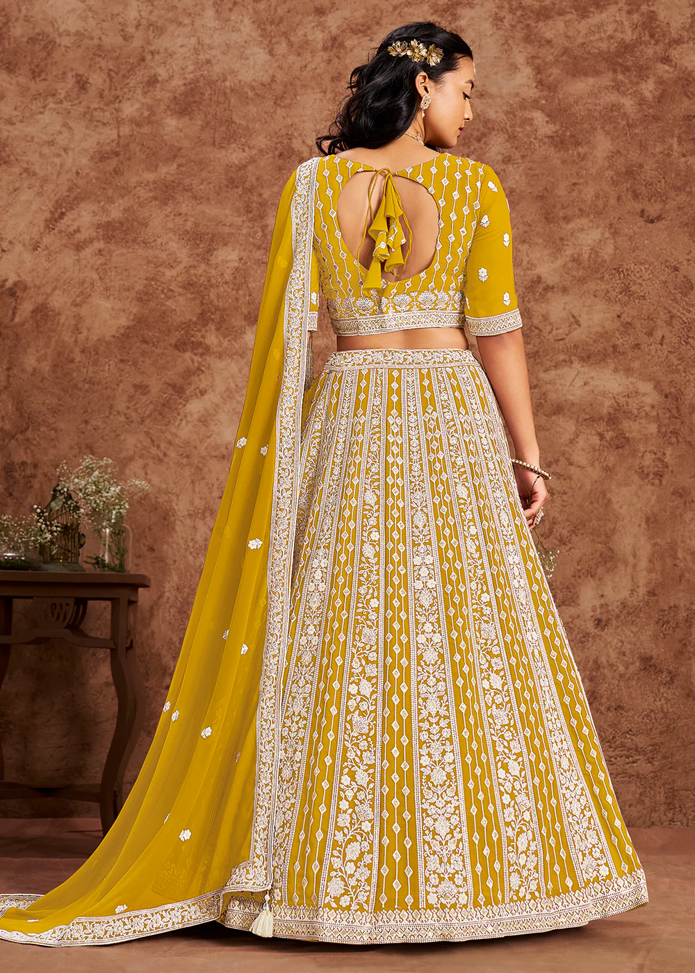 Faux Georgette Yellow Color Embroidered Lehenga Choli - Image 3