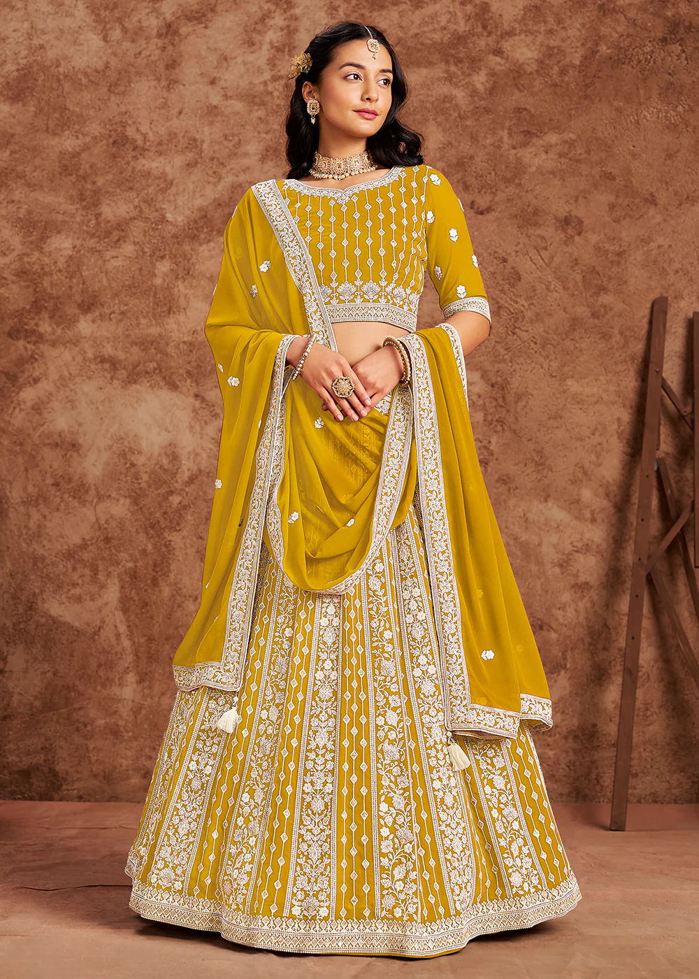 Faux Georgette Yellow Color Embroidered Lehenga Choli - Image 4