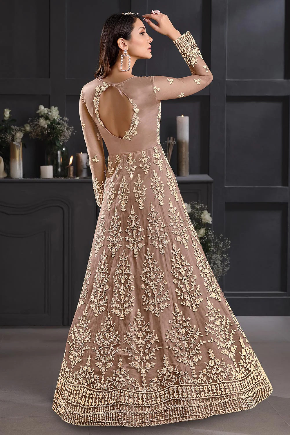 Fawn Mauve Butterfly Net Wedding Anarkali Suit - Image 3