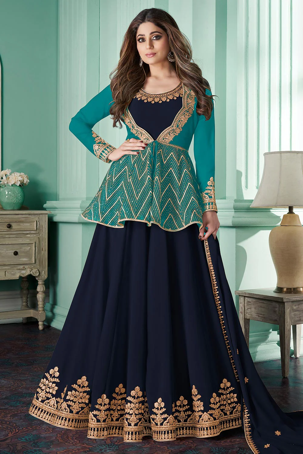 Featuring Shamita Shetty Navy Blue Georgette Anarkali with Jacket