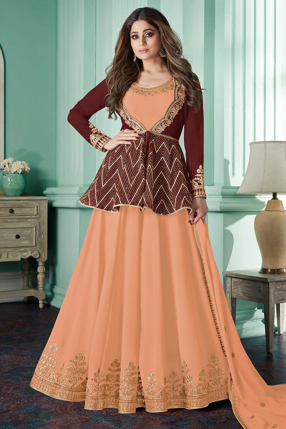 Featuring Shamita Shetty Peach Georgette Anarkali with Jacket