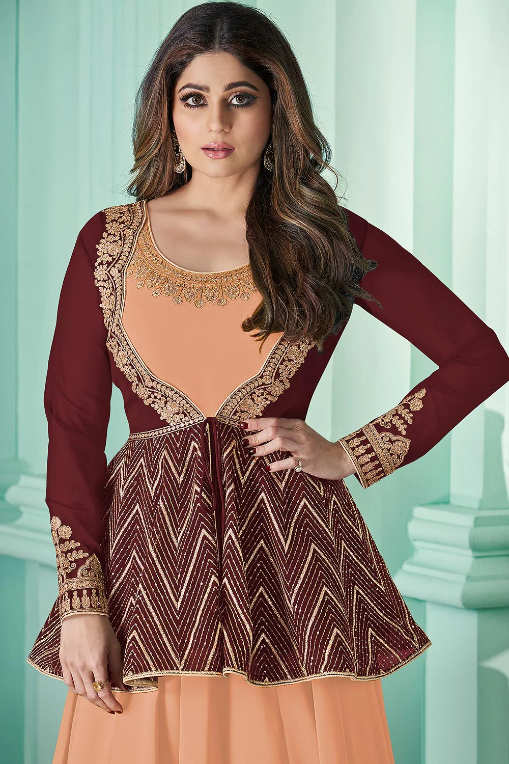 Featuring Shamita Shetty Peach Georgette Anarkali with Jacket - Image 2