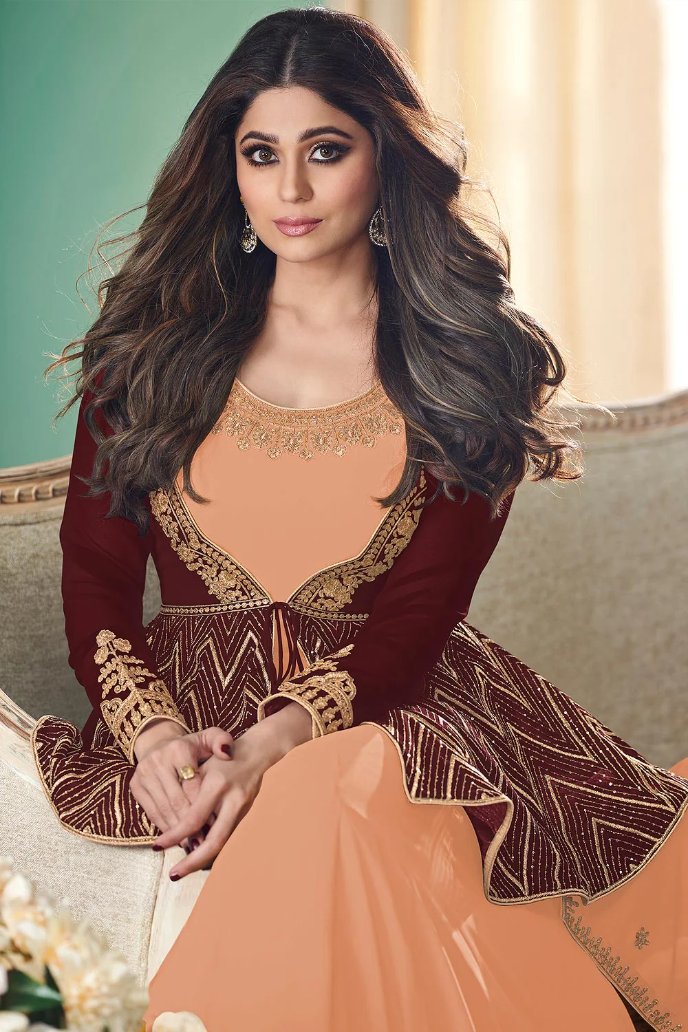 Featuring Shamita Shetty Peach Georgette Anarkali with Jacket - Image 3