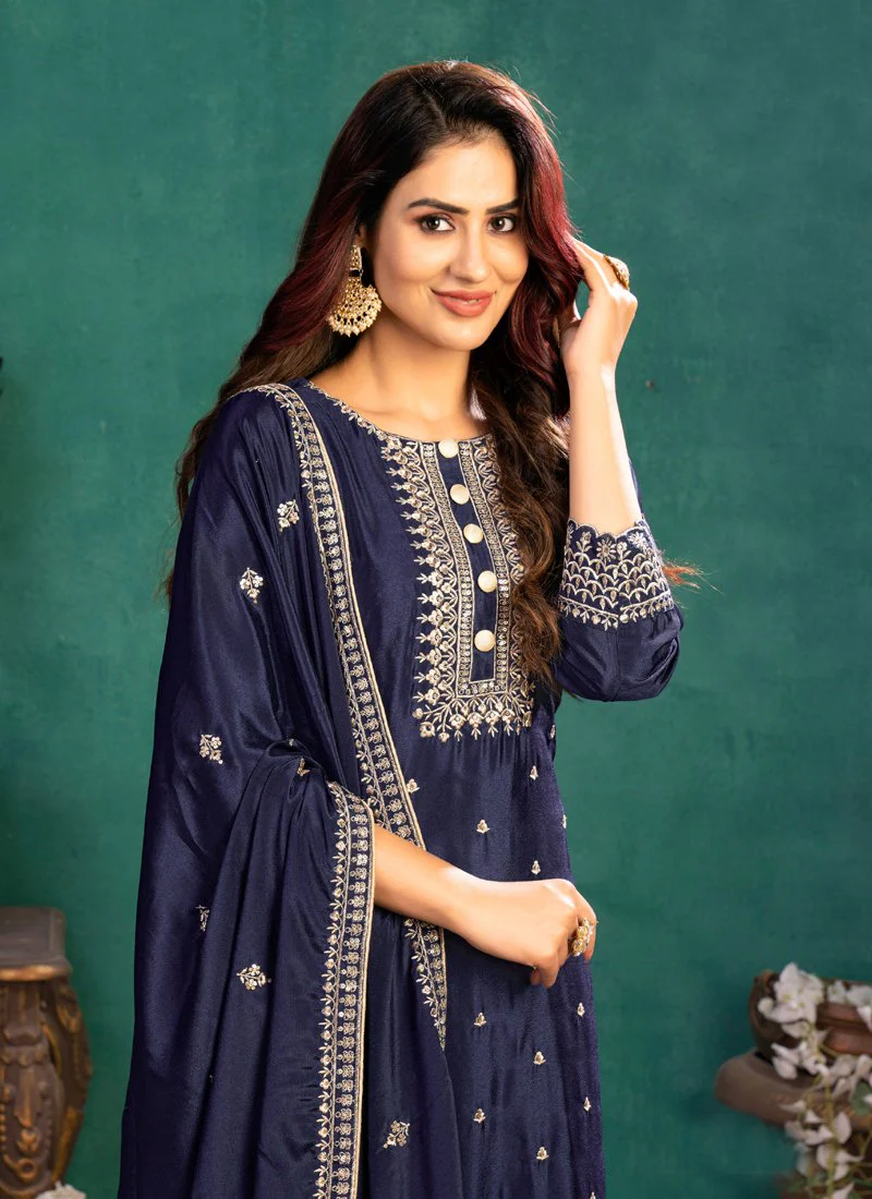Festival Wear Navy Blue Silk Salwar Suit - Image 2