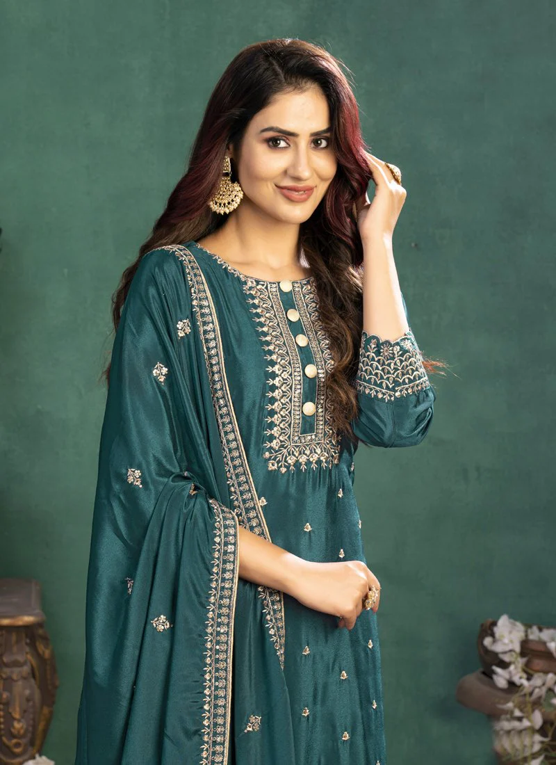 Festival Wear Peacock Green Silk Salwar Suit - Image 2
