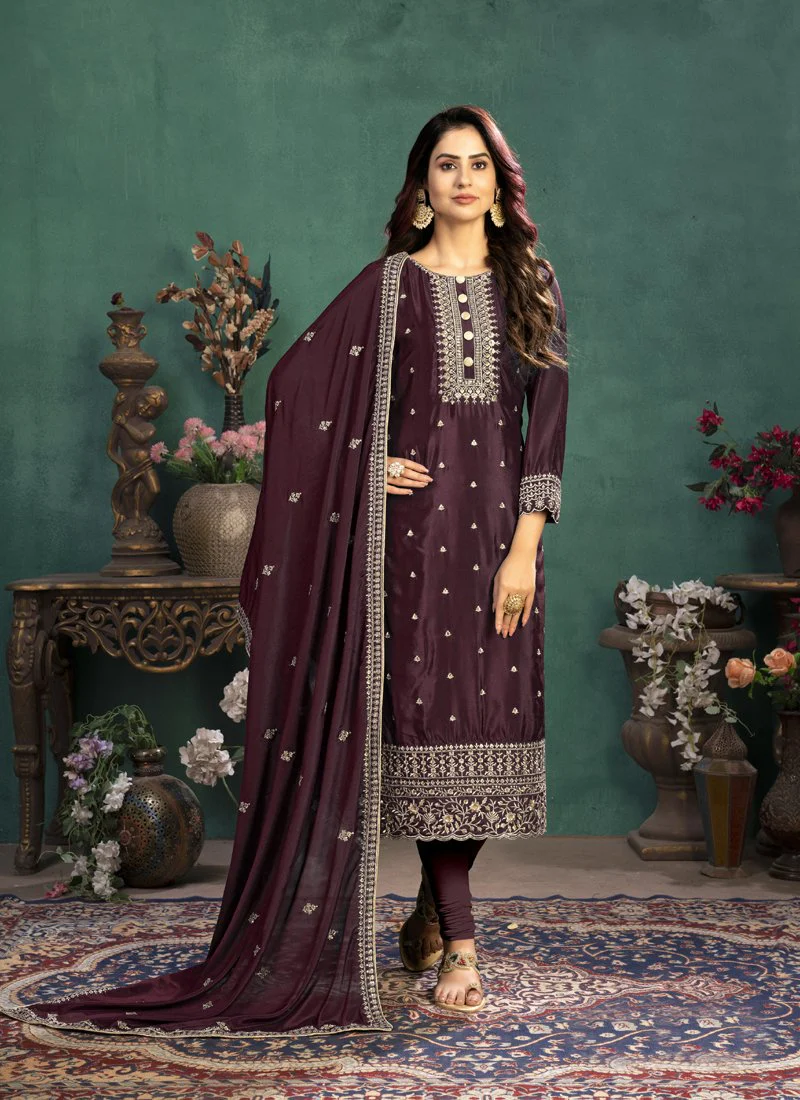Festival Wear Wine Maroon Silk Salwar Suit
