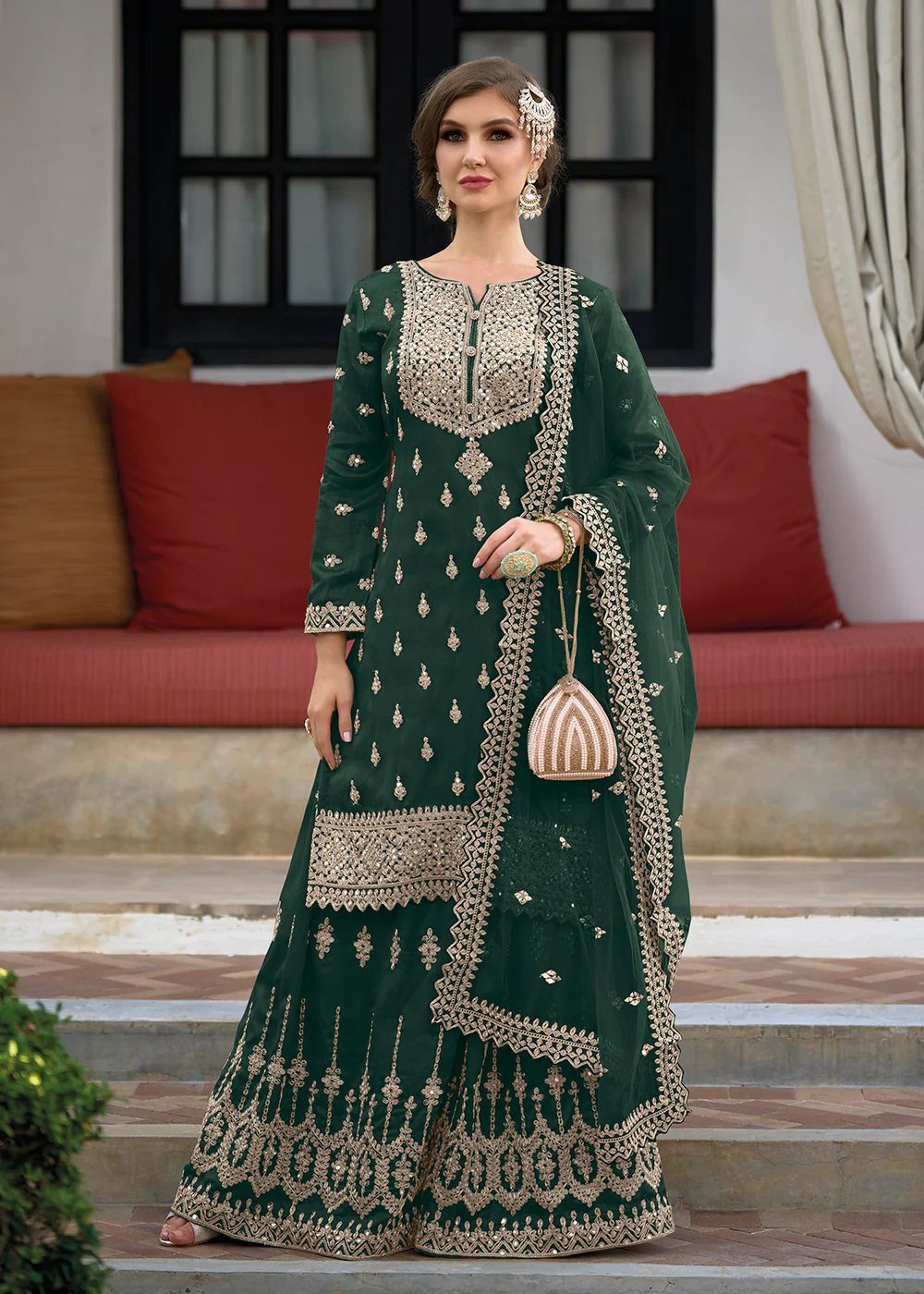 Festive Amazing Dark Green Heavy Silk Sharara Suit
