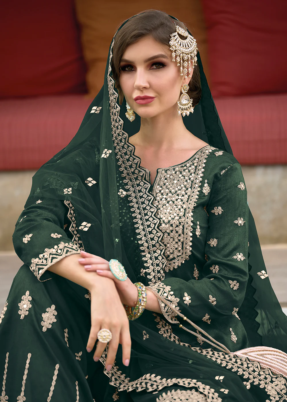 Festive Amazing Dark Green Heavy Silk Sharara Suit - Image 2