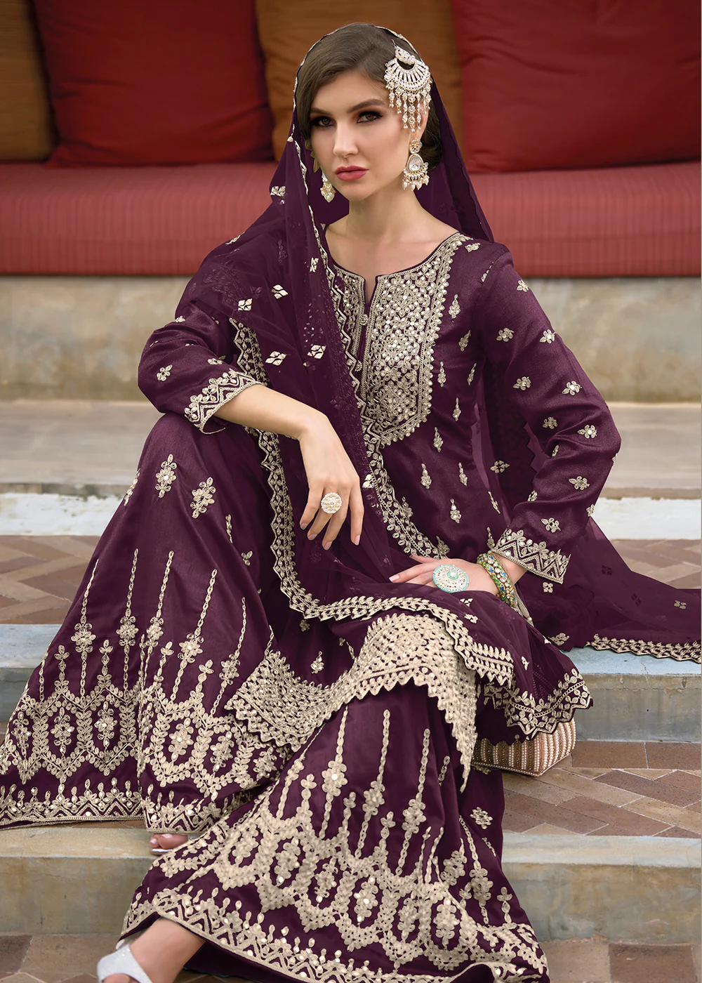 Festive Amazing Deep Wine Heavy Silk Sharara Suit - Image 2