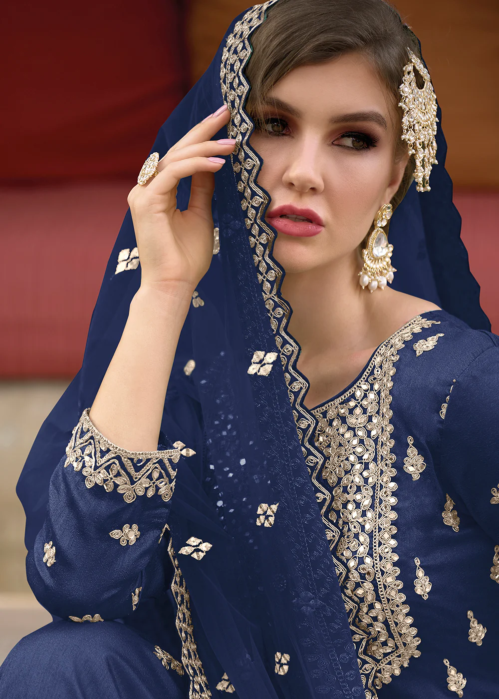 Festive Amazing Navy Blue Heavy Silk Sharara Suit - Image 3