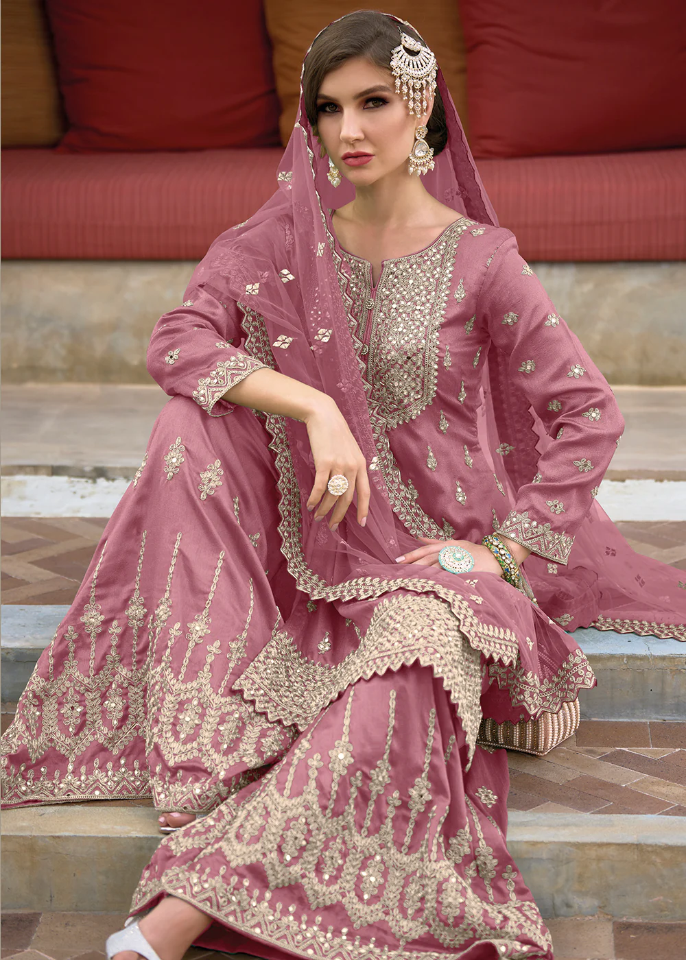 Festive Amazing Soft Pink Heavy Silk Sharara Suit - Image 2