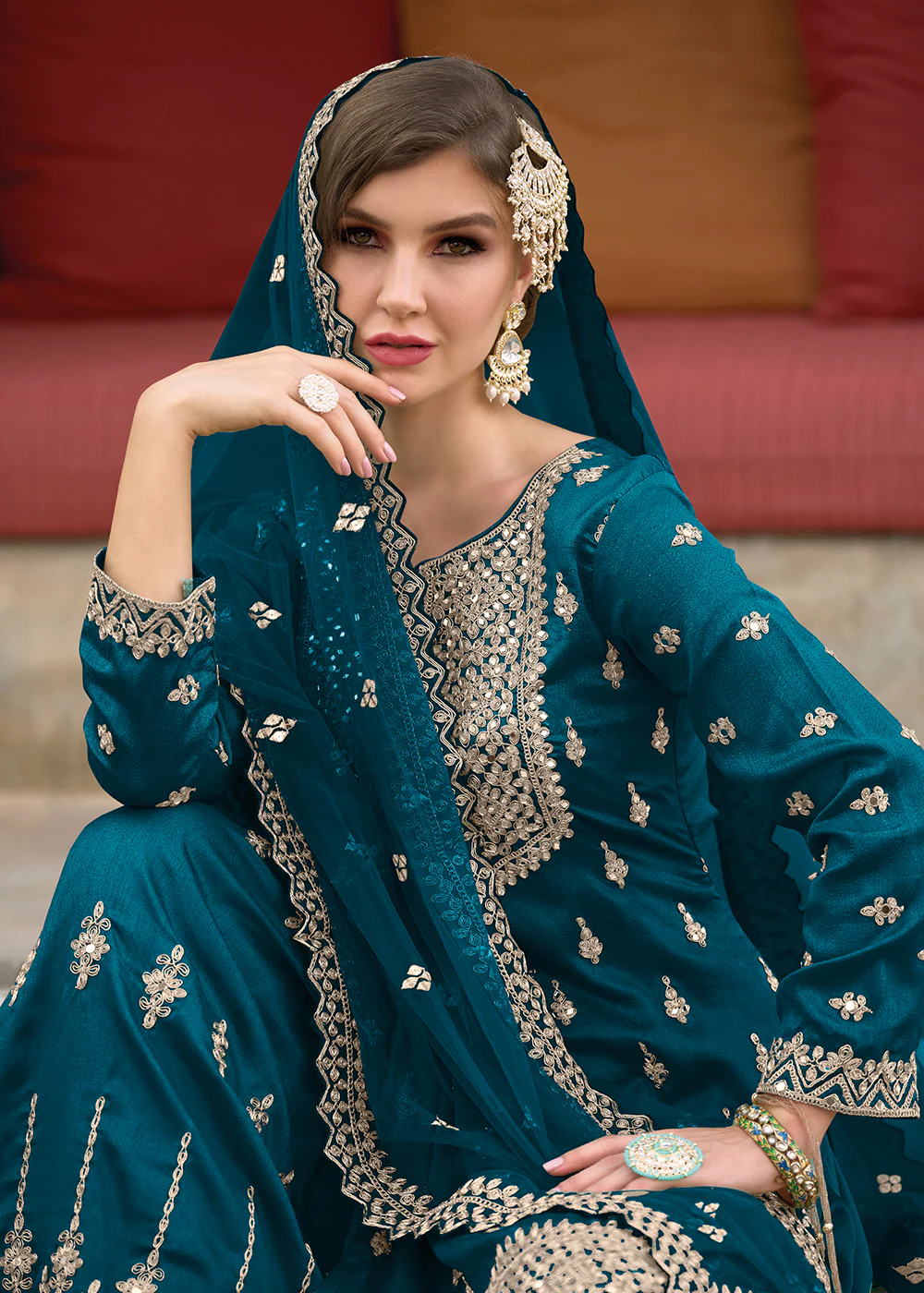 Festive Amazing Teal Green Heavy Silk Sharara Suit - Image 2