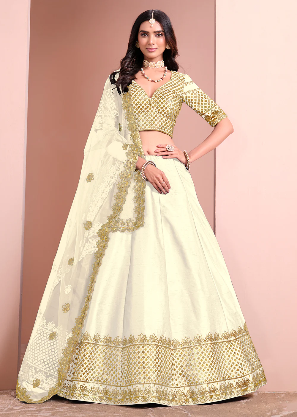 Festive Art Silk Cream Color Embroidered Lehenga Choli