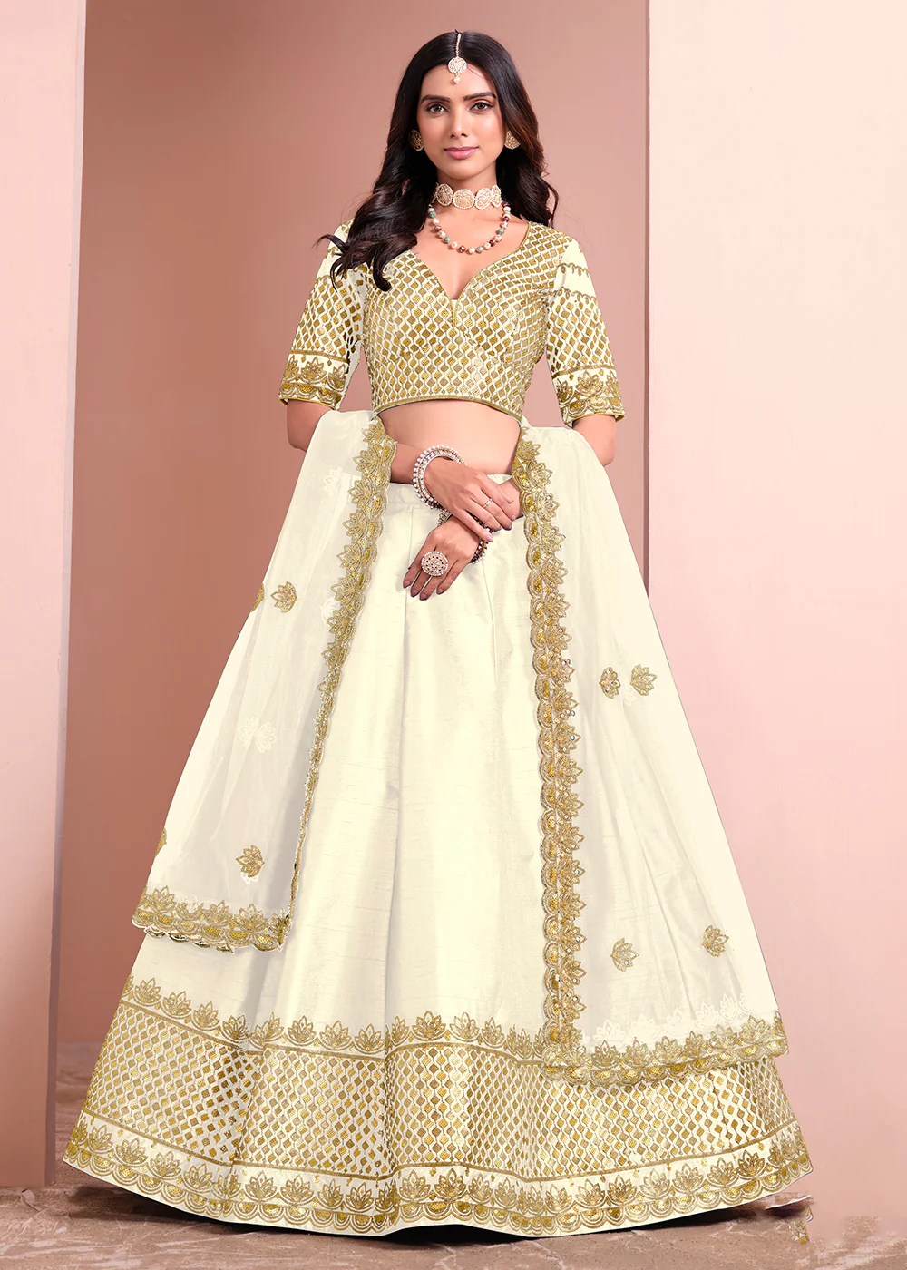 Festive Art Silk Cream Color Embroidered Lehenga Choli - Image 3