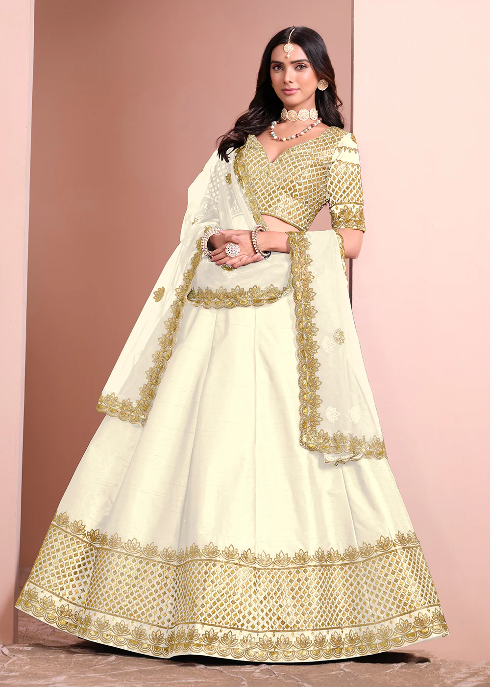 Festive Art Silk Cream Color Embroidered Lehenga Choli - Image 4