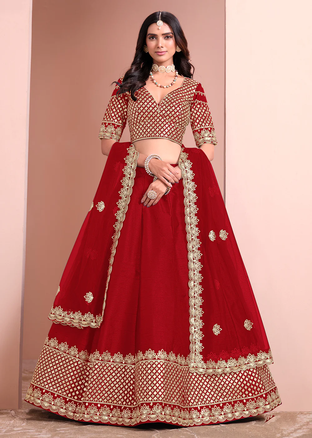 Festive Art Silk Red Color Embroidered Lehenga Choli - Image 3