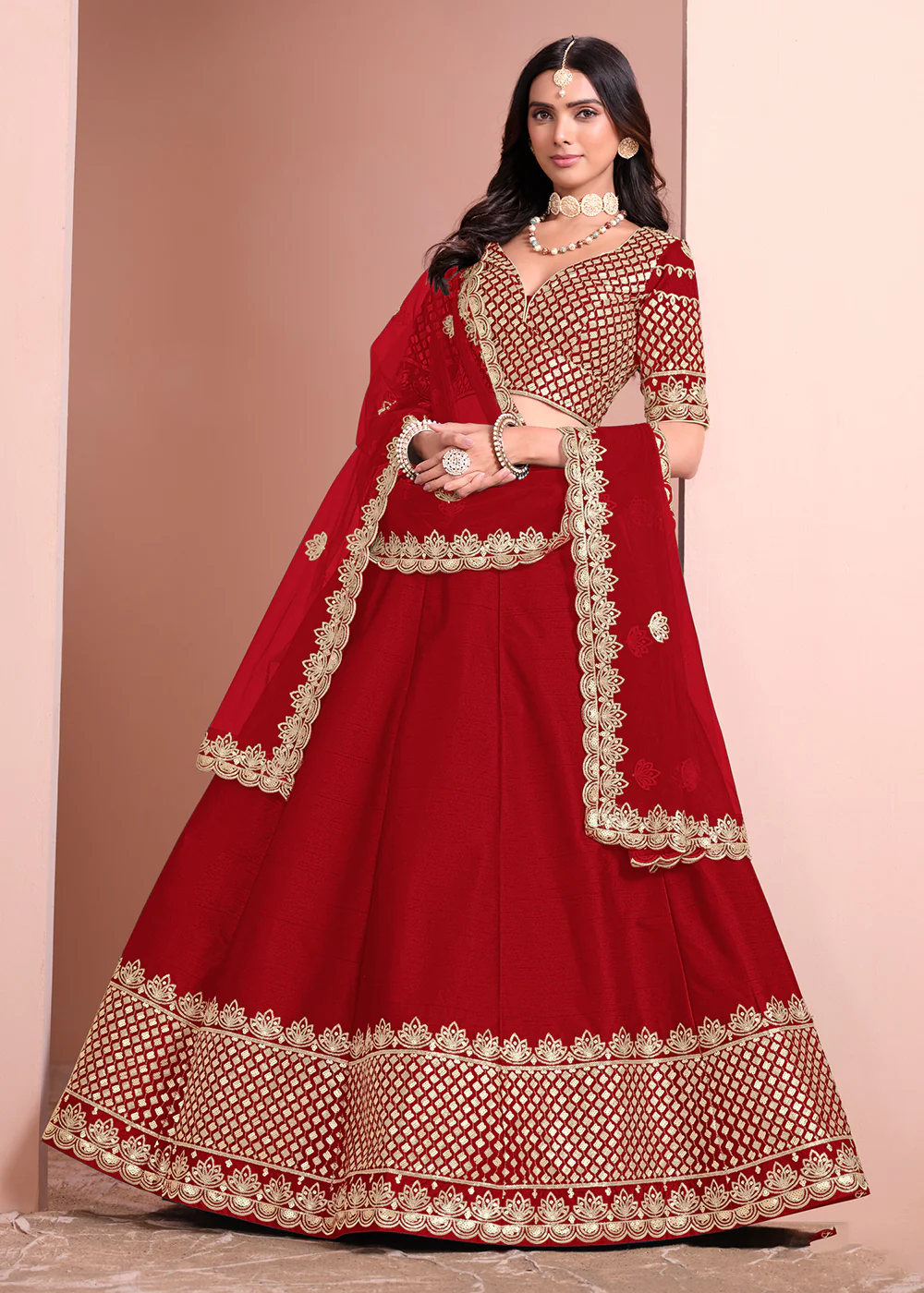 Festive Art Silk Red Color Embroidered Lehenga Choli - Image 4