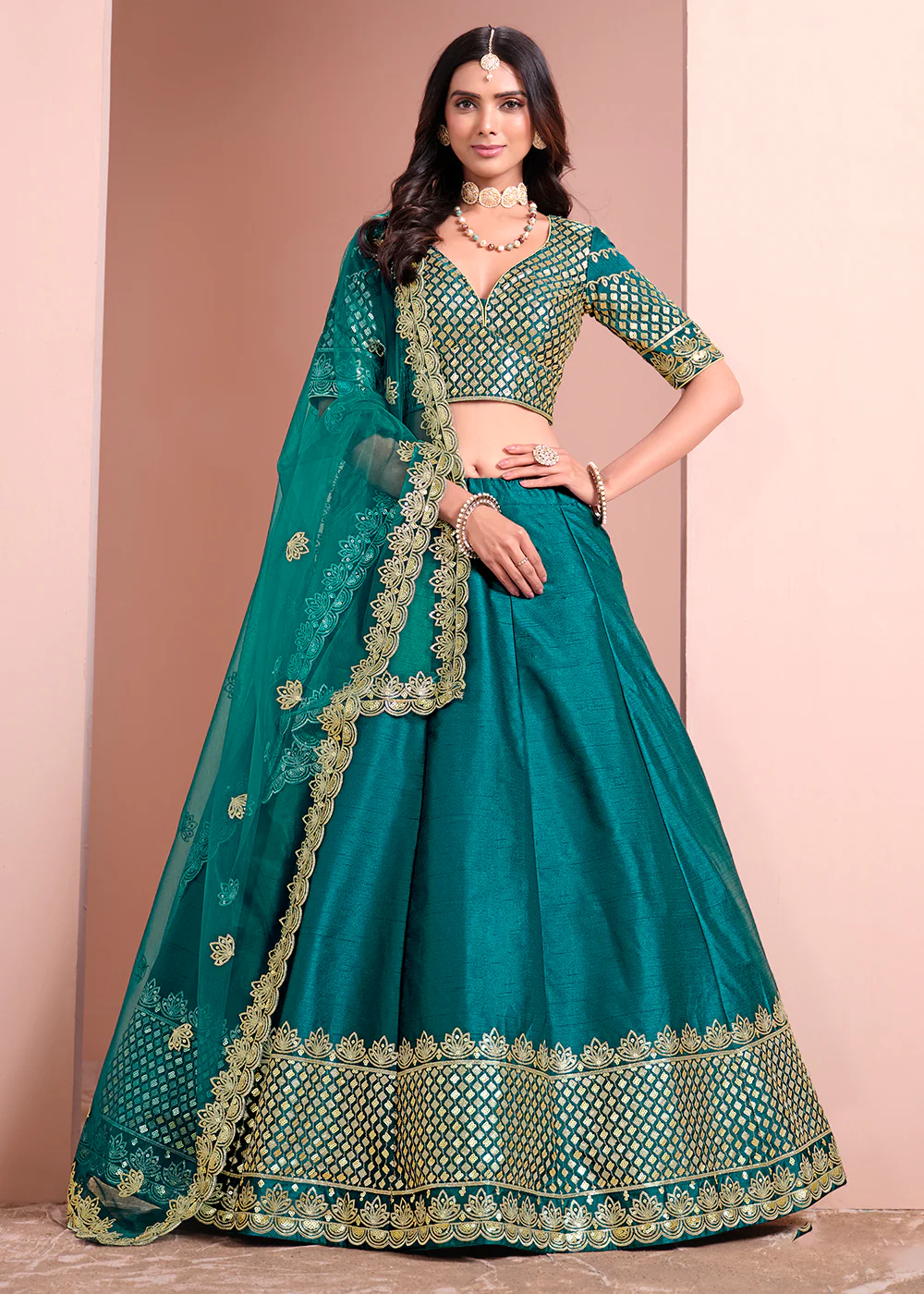 Festive Art Silk Teal Color Embroidered Lehenga Choli