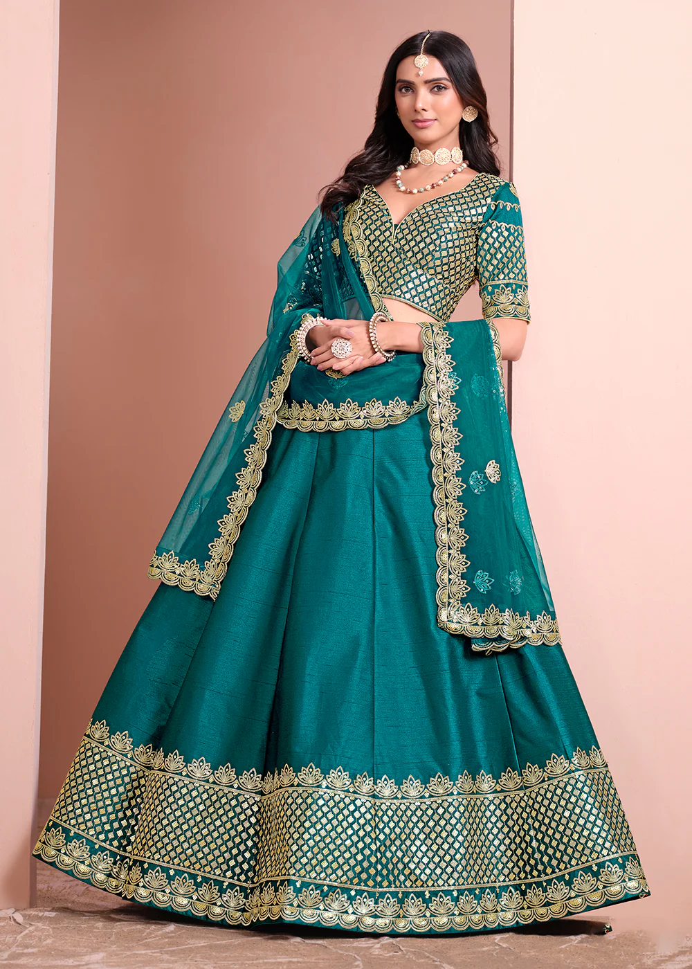 Festive Art Silk Teal Color Embroidered Lehenga Choli - Image 4