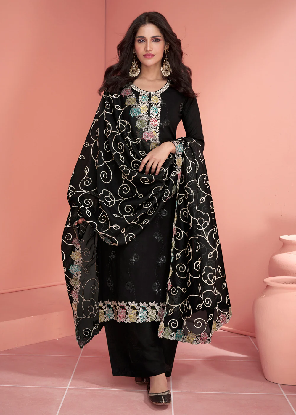 Festive Black Embroidered Premium Silk Palazzo Suit - Image 3