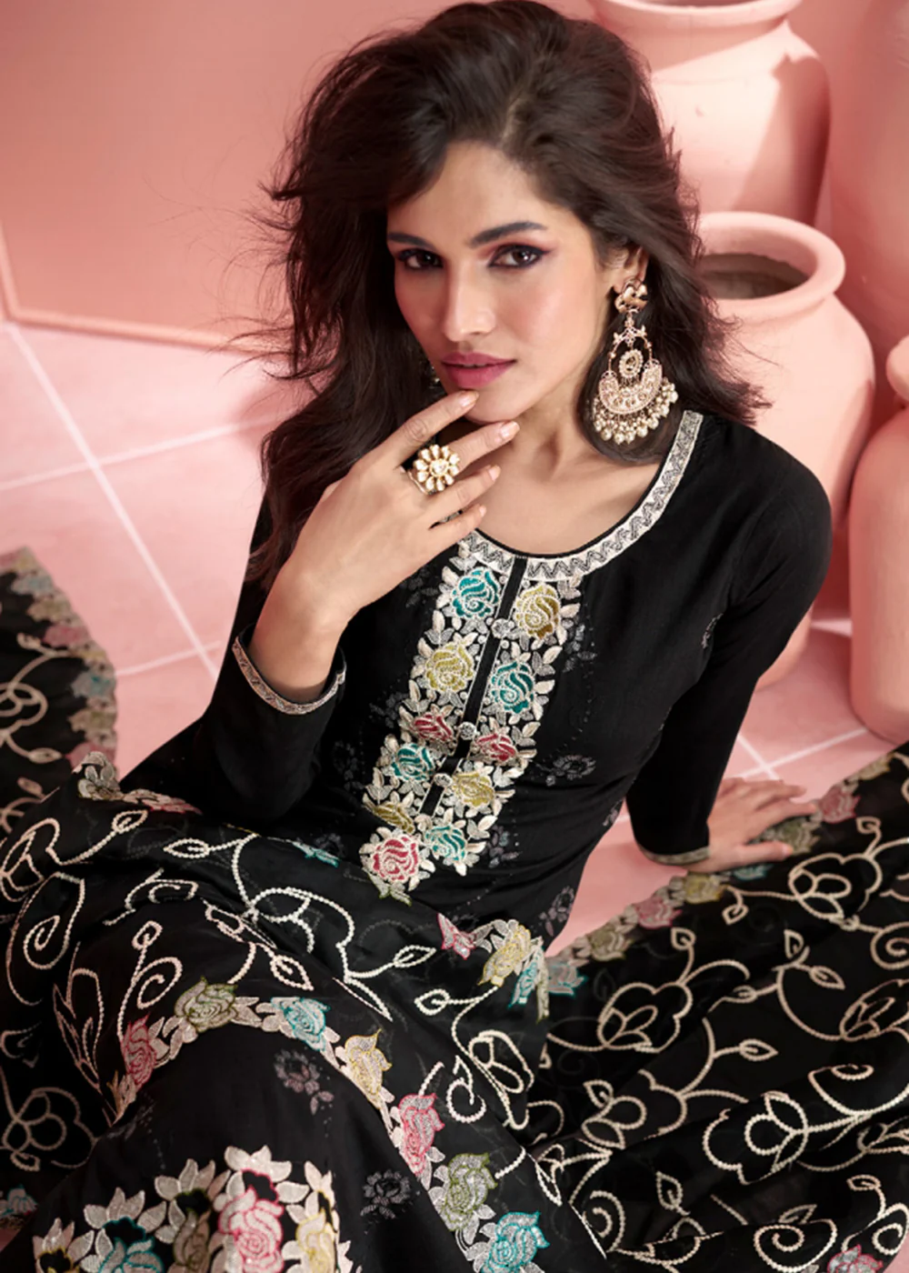 Festive Black Embroidered Premium Silk Palazzo Suit - Image 5