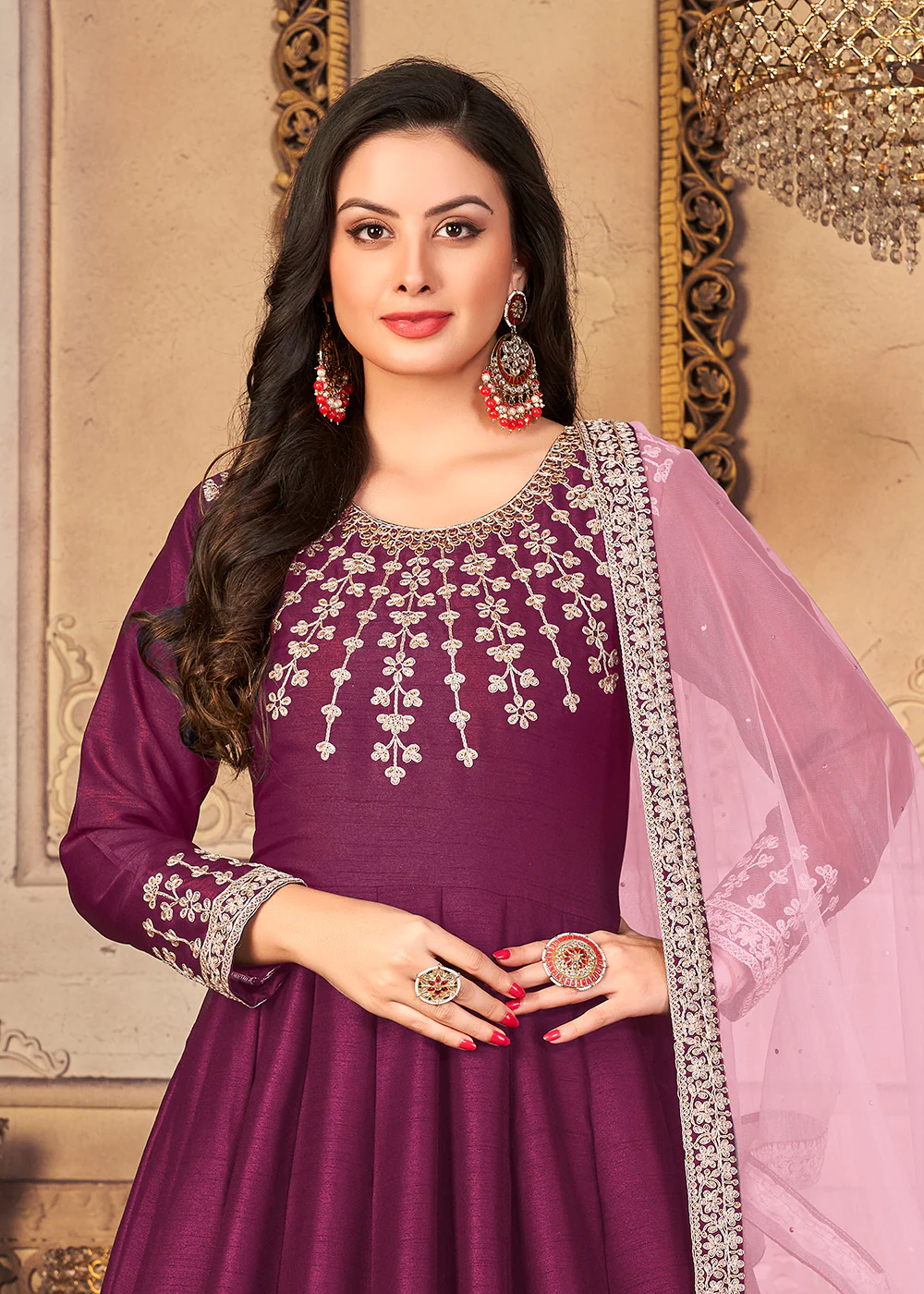 Festive Charming Purple Embroidered Silk Anarkali Suit - Image 2