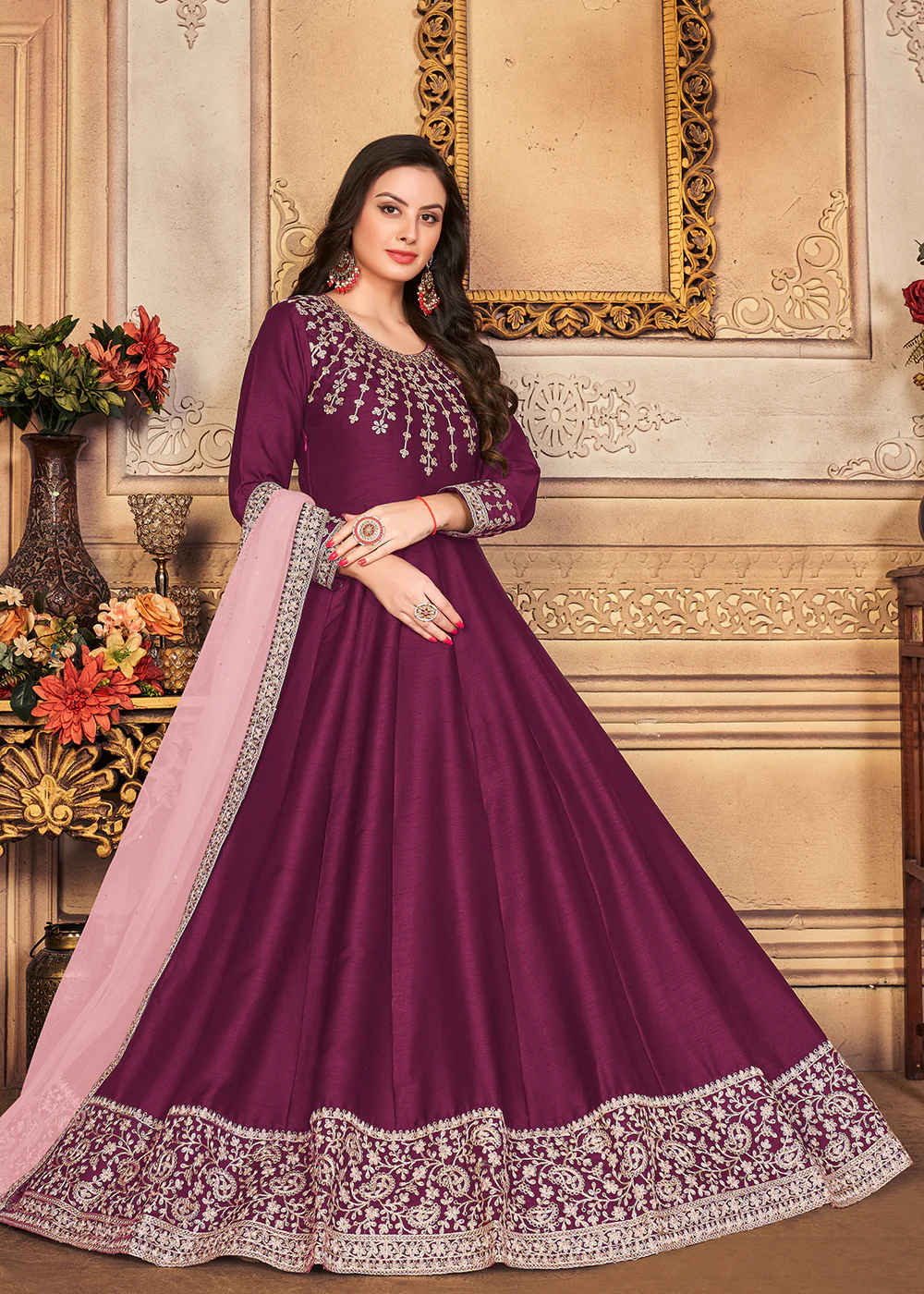 Festive Charming Purple Embroidered Silk Anarkali Suit - Image 4