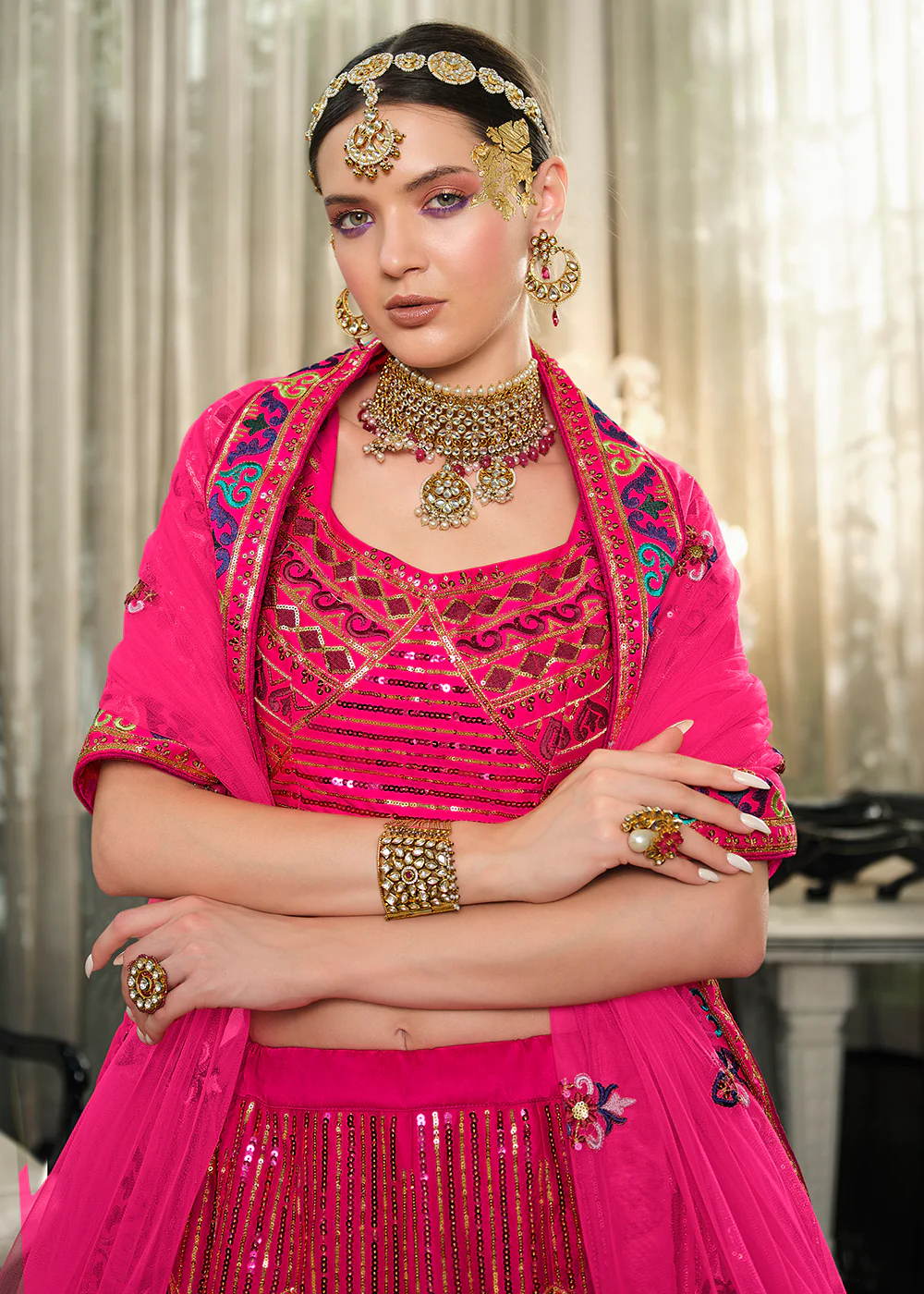 Festive Deep Pink Sequins Embroidered Wedding Trendy Lehenga - Image 2