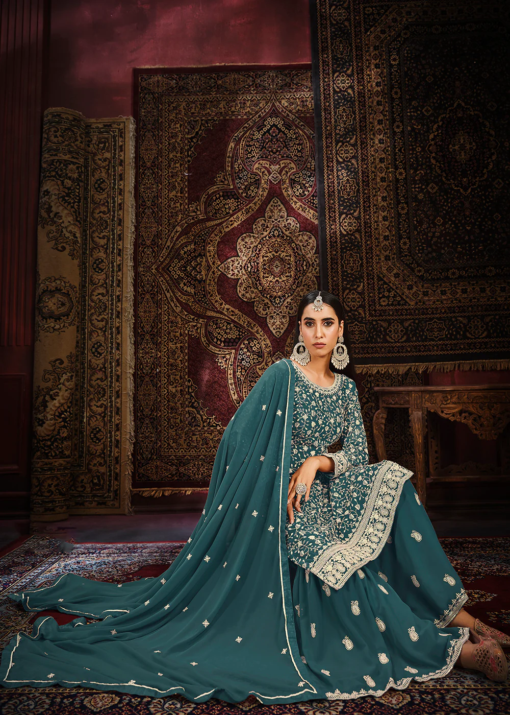 Festive Dusty Teal Color Faux Georgette Palazzo Salwar Suit - Image 3