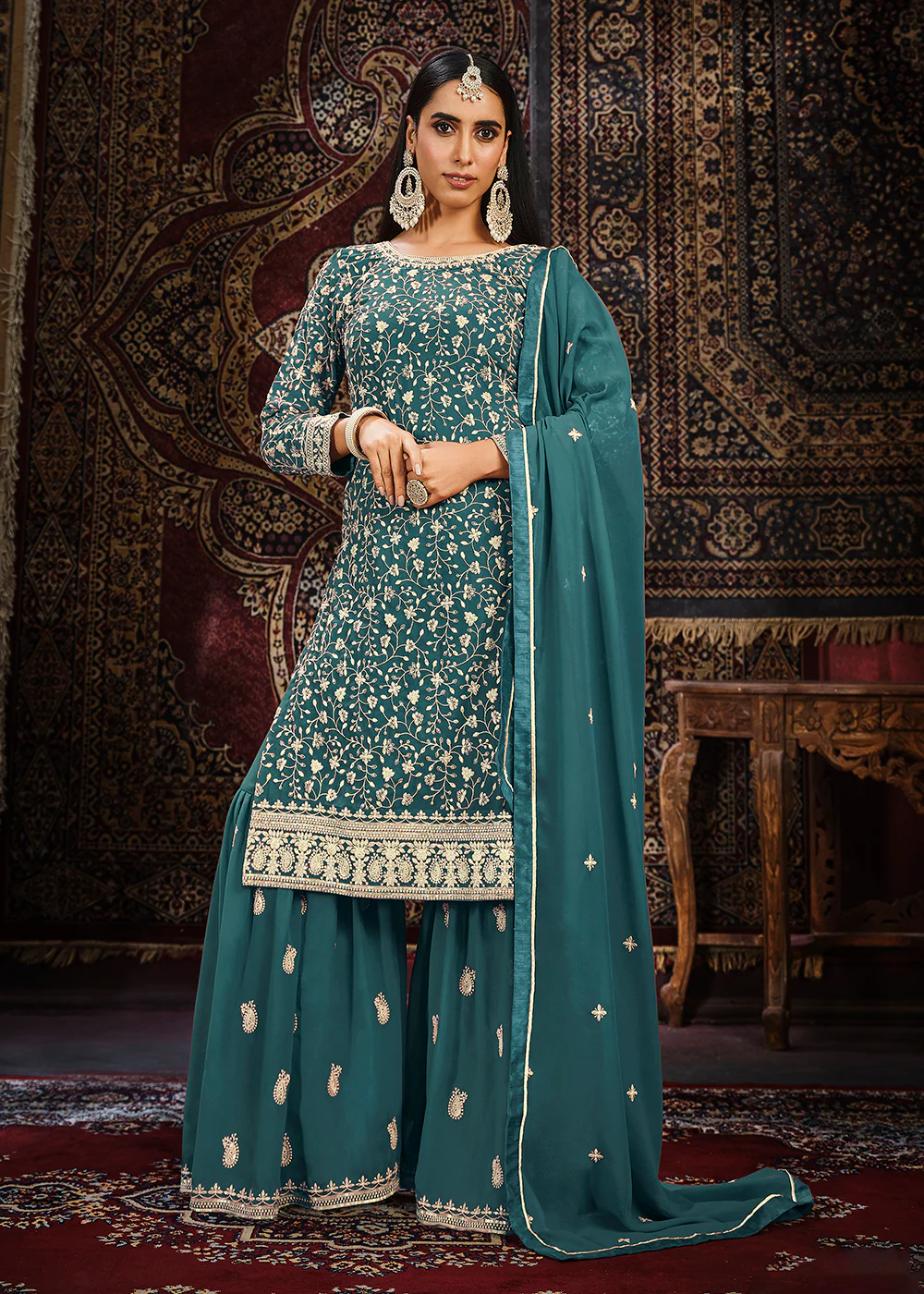 Festive Dusty Teal Color Faux Georgette Palazzo Salwar Suit - Image 4