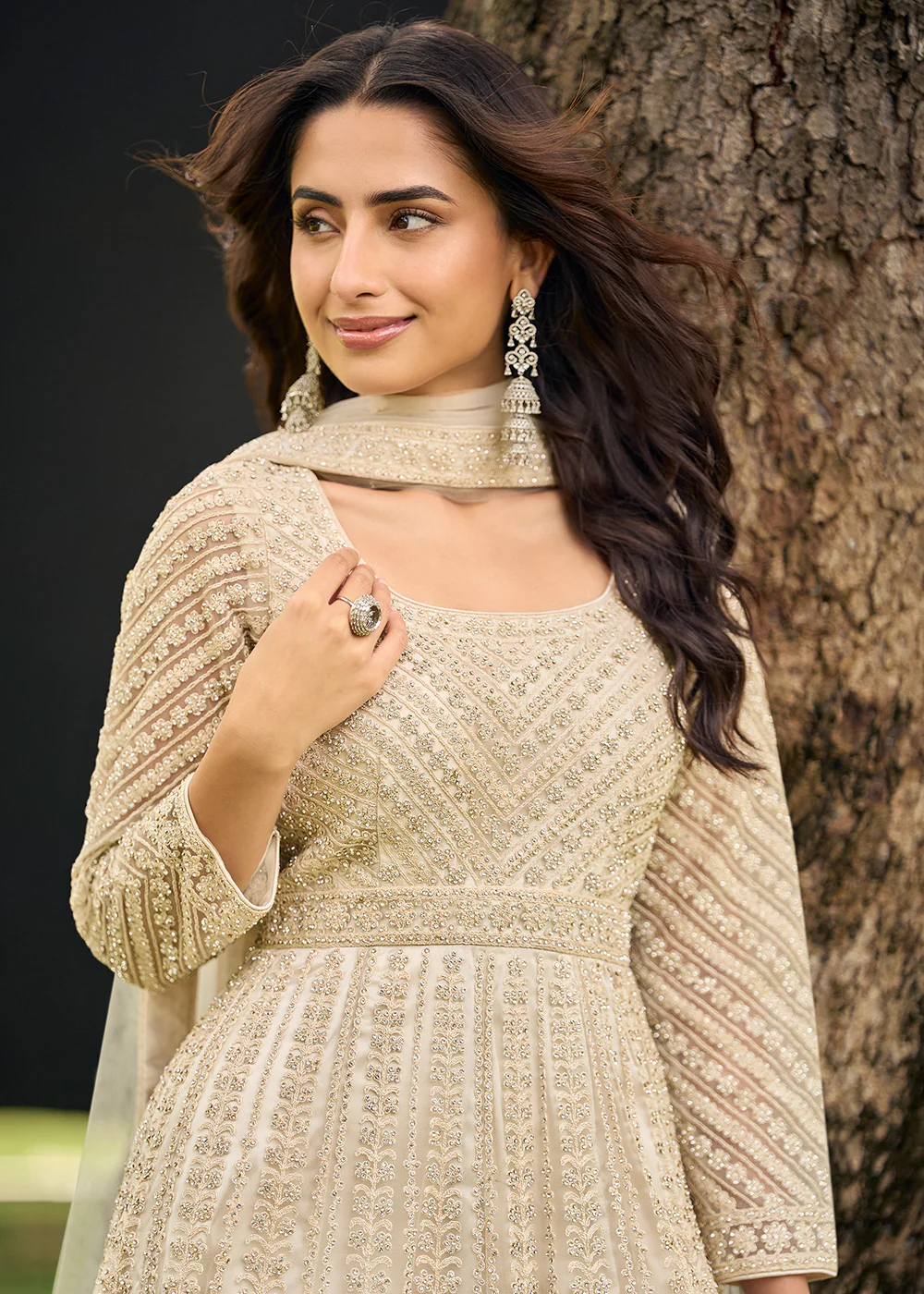 Festive Eid Style Beige Embroidered Net Palazzo Suit - Image 2