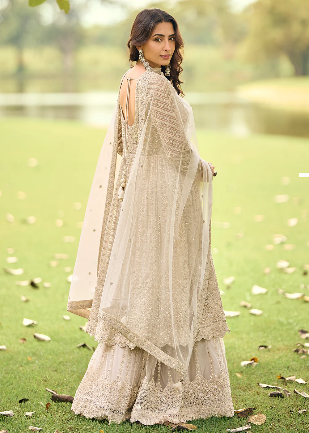 Festive Eid Style Beige Embroidered Net Palazzo Suit - Image 3