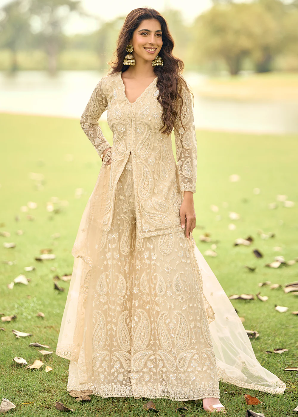 Festive Eid Style Cream Embroidered Net Palazzo Suit
