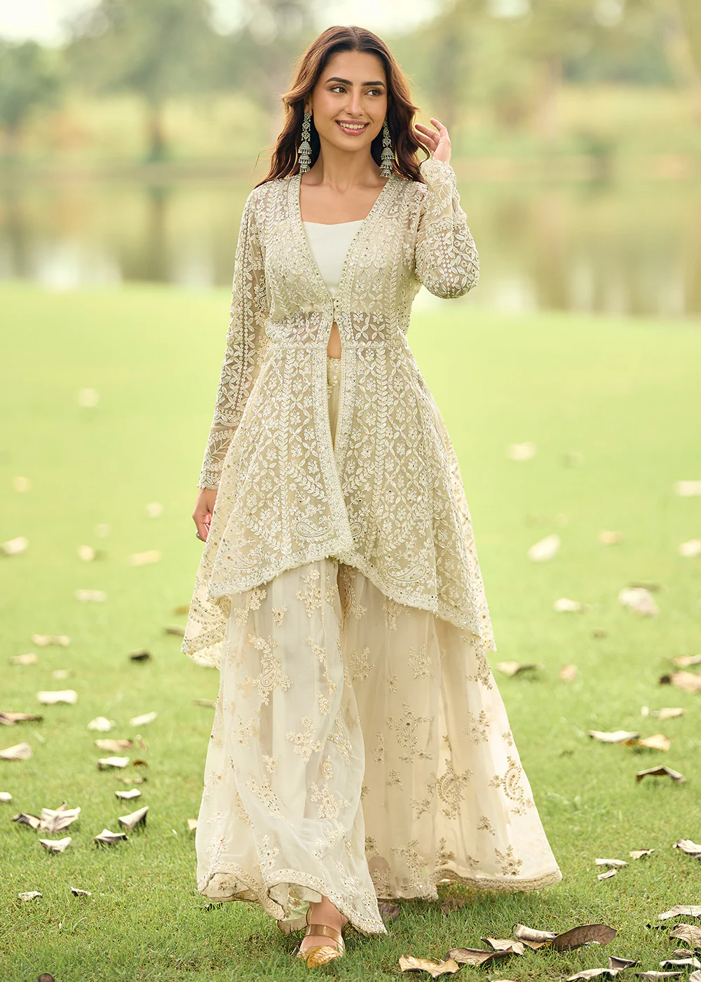 Festive Eid Style Green Embroidered Net Palazzo Suit