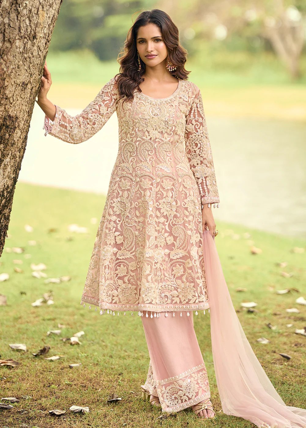 Festive Eid Style Pink Embroidered Net Palazzo Suit