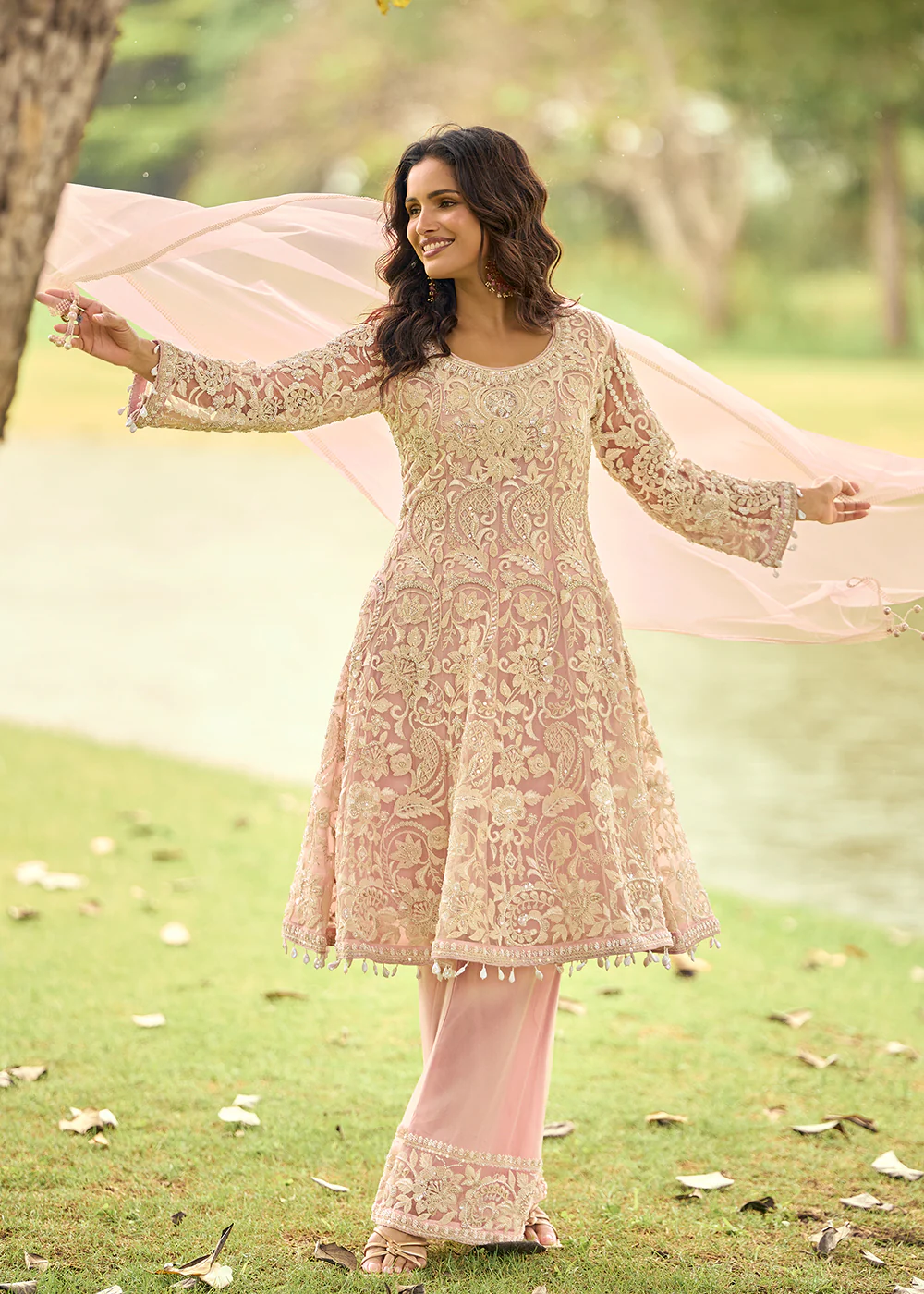 Festive Eid Style Pink Embroidered Net Palazzo Suit - Image 4