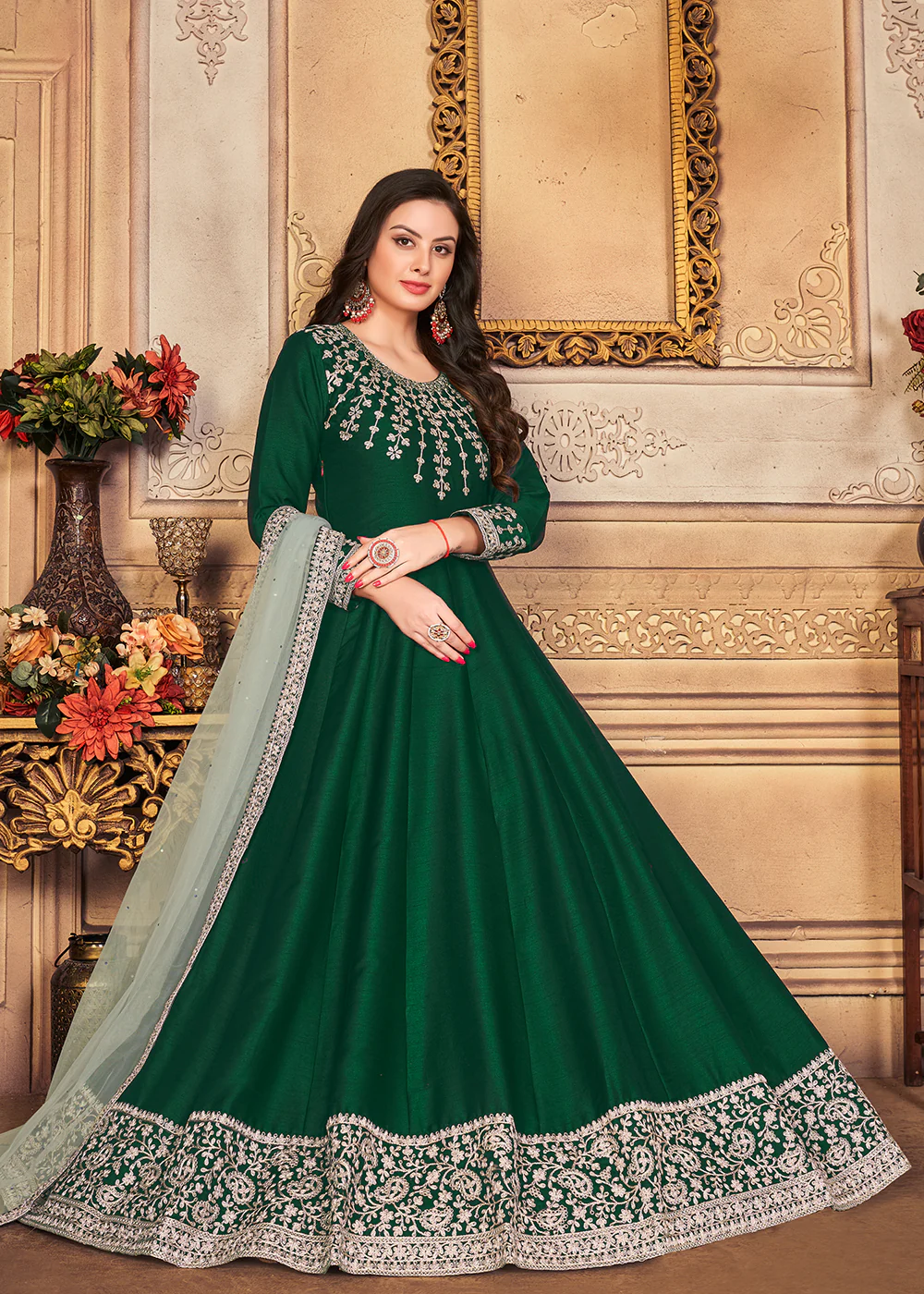 Festive Elegant Green Embroidered Silk Anarkali Suit - Image 4