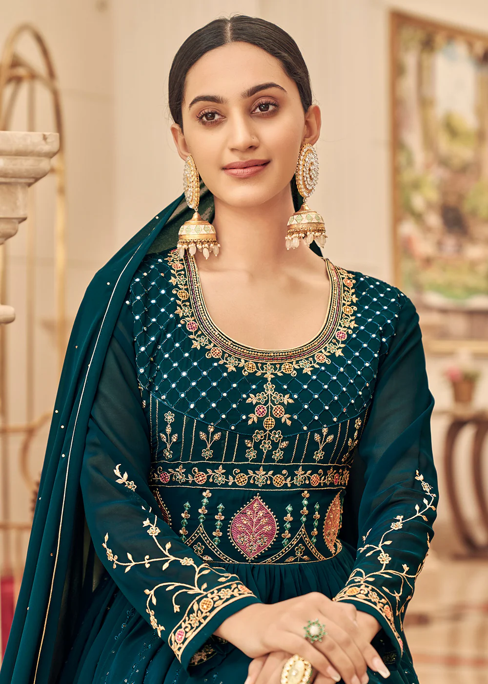 Festive Embroidered Blue Elegant Georgette Anarkali Suit - Image 2