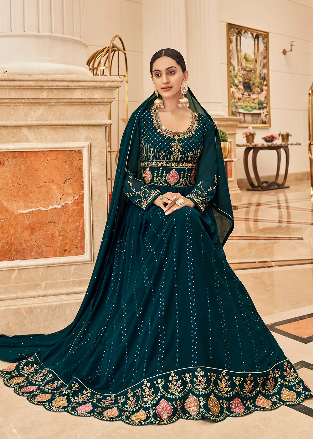 Festive Embroidered Blue Elegant Georgette Anarkali Suit - Image 3