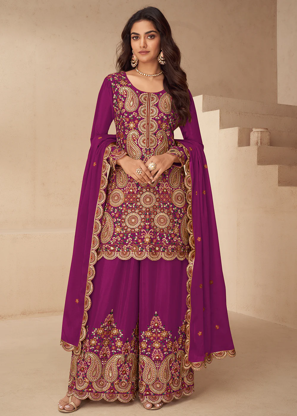 Festive Embroidered Burgundy Chinnon Silk Palazzo Suit