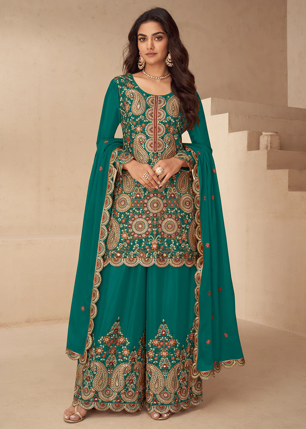 Festive Embroidered Green Chinnon Silk Palazzo Suit